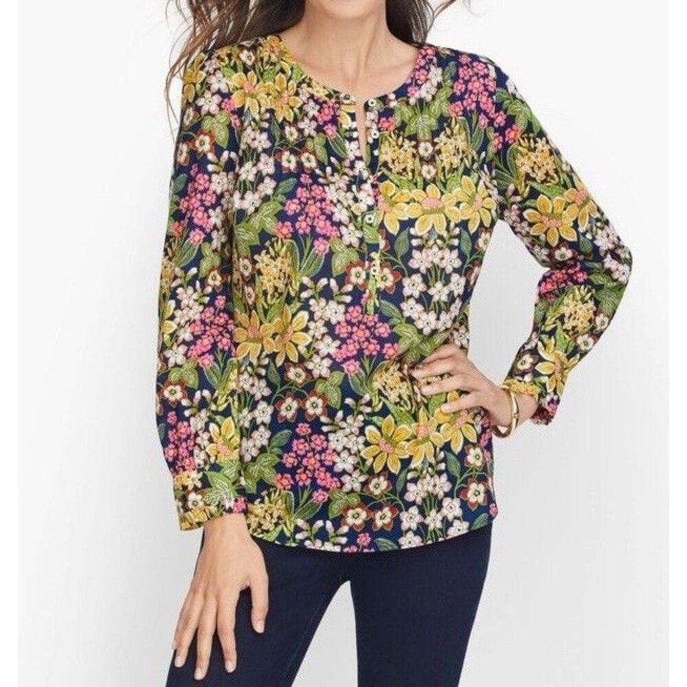 Talbots Floral Pinktuck Popover Blouse Lightweight Long Sleeve Size L
